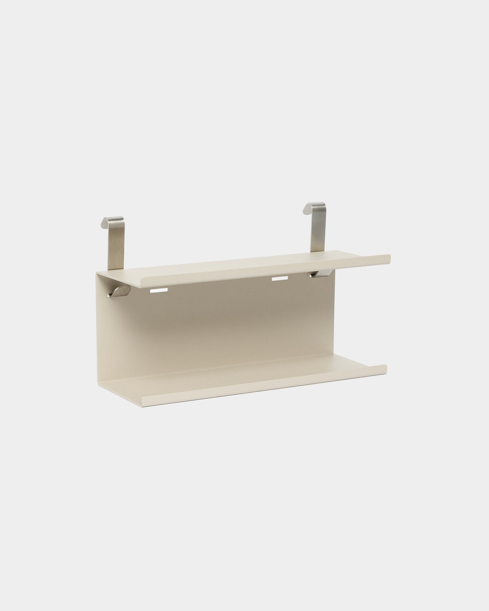 Beige WoodUpp Double Metal Shelf BM1, 31.7 cm, with silver brackets; compact storage accessory designed for use with Akupanel acoustic panels.